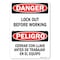 Signmission OSHA Danger Decal, Lock Out Before Working Bilingual, 7in X 5in Decal, 5" W, 7" L, Landscape OS-DS-D-57-L-19421 - alternate 1
